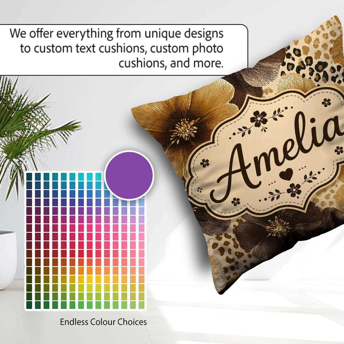 Custom Name Warm Gold Brown Floral with Abstract Leopard Textile Square Filled Cushion Throw Pillow Sofa Bed Home Decor Zip Washable UK Made