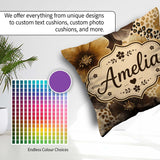 Custom Name Warm Gold Brown Floral with Abstract Leopard Textile Square Filled Cushion Throw Pillow Sofa Bed Home Decor Zip Washable UK Made
