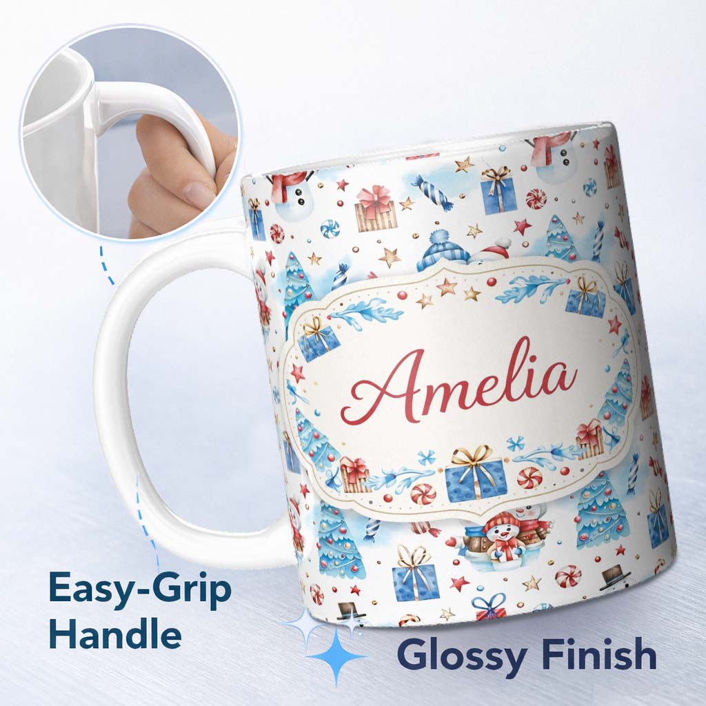 Personalized Custom Name Cute Snowman Christmas Pattern Gifts Candy Winter Seamless Design 11oz Ceramic Coffee Tea Mug White Large Handle