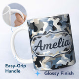 Personalized Custom Name Blue Grey Urban Camouflage Seamless Pattern Thoughtful Gift Idea 11oz Ceramic Coffee Tea Mug White Large Handle