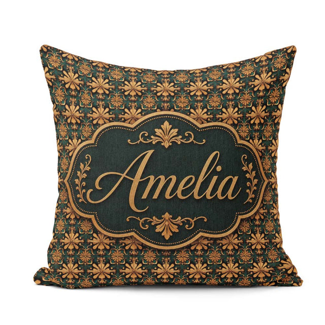 Custom Name Luxury Ornate Baroque Floral Tile Pattern in Gold on Square Filled Cushion Throw Pillow Sofa Bed Home Decor Zip Washable UK Made