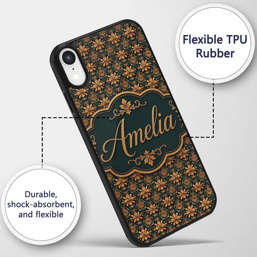 Luxury Ornate Baroque Floral Tile Pattern in Gold Custom Name Protective Phone Case Mobile Cover Durable Everyday Smartphone Shock Resistant