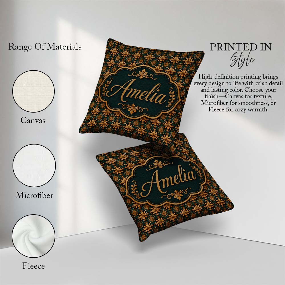 Custom Name Luxury Ornate Baroque Floral Tile Pattern in Gold on Square Filled Cushion Throw Pillow Sofa Bed Home Decor Zip Washable UK Made