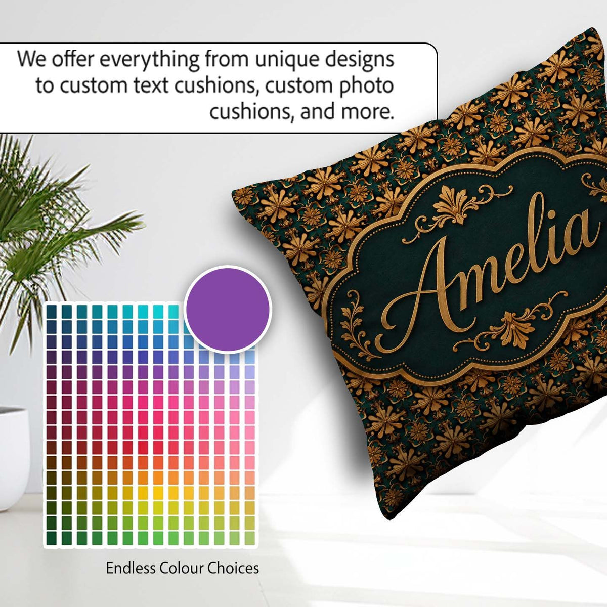 Custom Name Luxury Ornate Baroque Floral Tile Pattern in Gold on Square Filled Cushion Throw Pillow Sofa Bed Home Decor Zip Washable UK Made