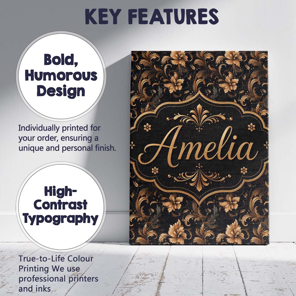 Personalised Name Elegant Gold Floral Vine Custom  Bespoke Contemporary Statement Canvas Wall Art Print Decor Picture Ready to Hang