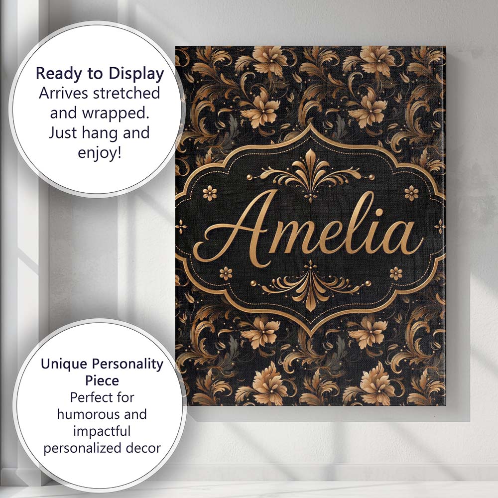 Personalised Name Elegant Gold Floral Vine Custom  Bespoke Contemporary Statement Canvas Wall Art Print Decor Picture Ready to Hang
