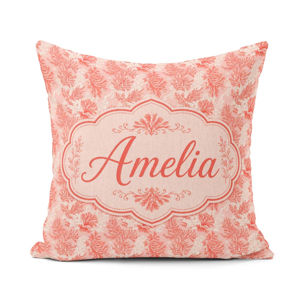 Custom Name Coral Reef Floral in Soft Pink and Red Tones Textile Square Filled Cushion Throw Pillow Sofa Bed Home Decor Zip Washable UK Made