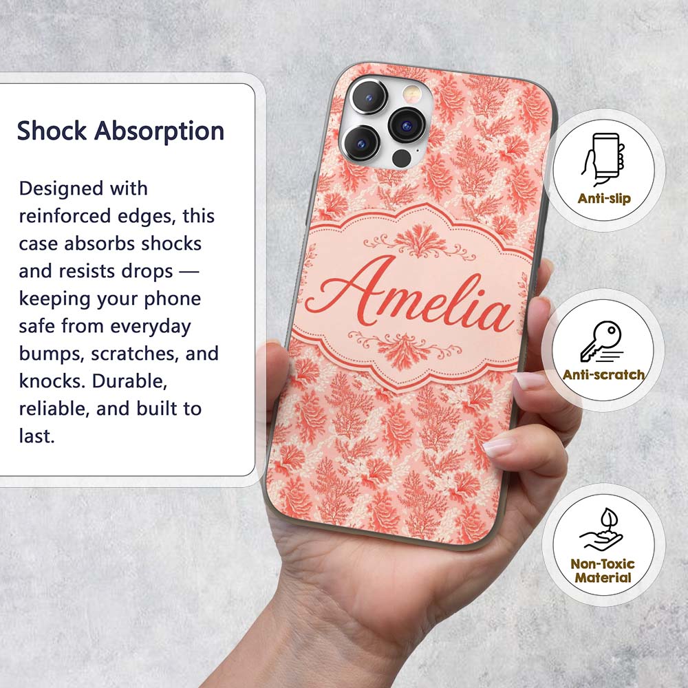 Coral Reef Inspired Floral in Soft Pink and Red Custom Name Protective Phone Case Mobile Cover Durable Everyday Smartphone Shock Resistant