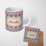 Personalized Custom Name Cute Reindeer Tree Knit Pattern Grey Red White Christmas Sweater 11oz Ceramic Coffee Tea Mug White Large Handle