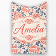 Classic Red Floral Botanical Navy Blue Leaves on Beige Background  Personalised Custom Name Super Soft Fleece Blanket Bed Sofa Throw