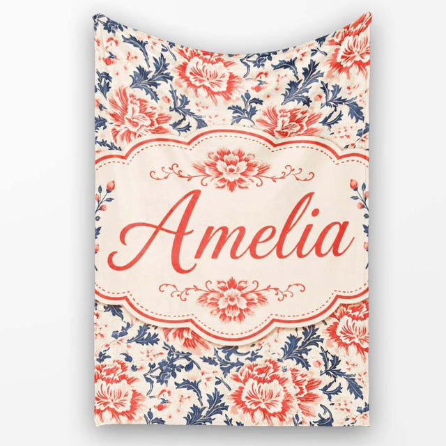 Classic Red Floral Botanical Navy Blue Leaves on Beige Background  Personalised Custom Name Super Soft Fleece Blanket Bed Sofa Throw