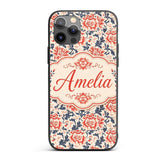 Classic Red Floral Botanical Navy Blue Leaves on Custom Name Protective Phone Case Mobile Cover Durable Everyday Smartphone Shock Resistant
