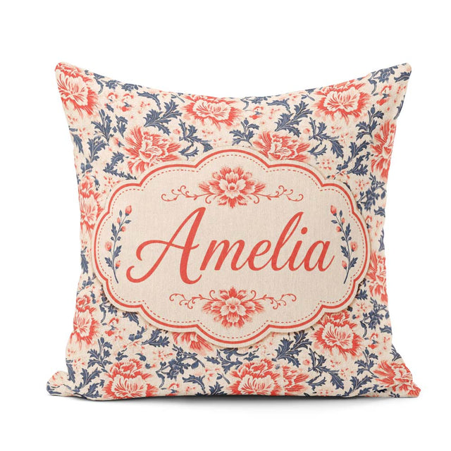 Custom Name Classic Red Floral Botanical Navy Blue on Background Square Filled Cushion Throw Pillow Sofa Bed Home Decor Zip Washable UK Made
