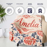 Classic Red Floral Botanical Navy Blue Leaves on Beige Background  Personalised Custom Name Super Soft Fleece Blanket Bed Sofa Throw