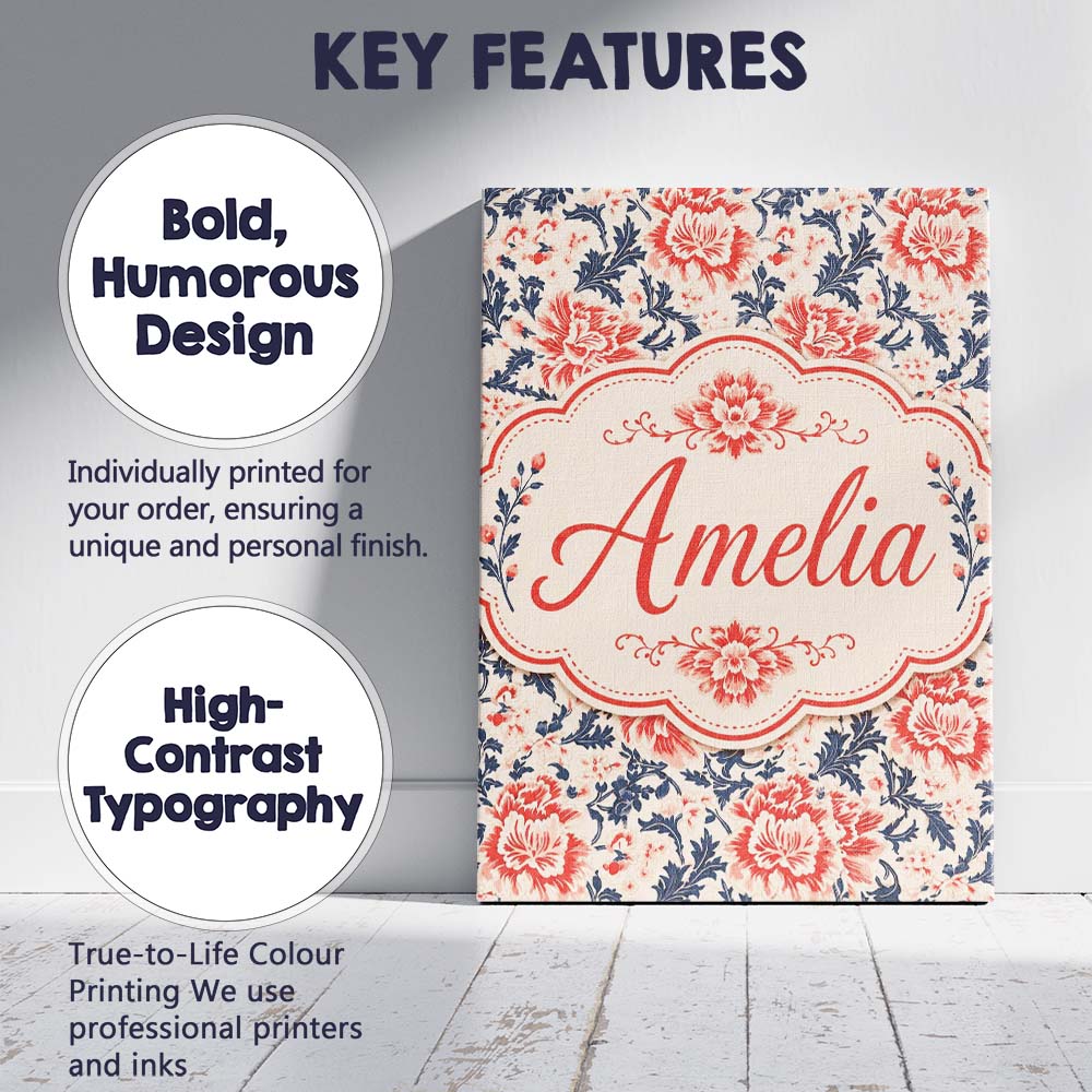 Personalised Name Classic Red Floral Custom Premium Decorative Design Modern Room Accent Canvas Wall Art Print Decor Picture Ready to Hang