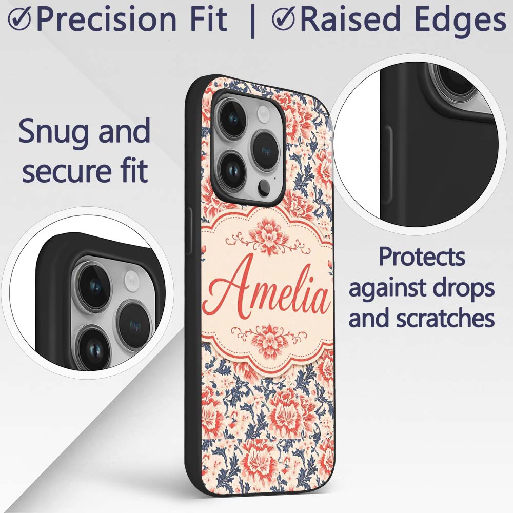 Classic Red Floral Botanical Navy Blue Leaves on Custom Name Protective Phone Case Mobile Cover Durable Everyday Smartphone Shock Resistant