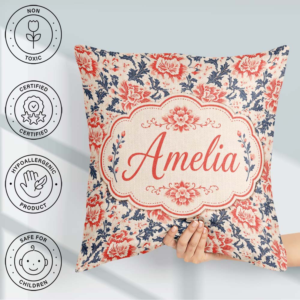 Custom Name Classic Red Floral Botanical Navy Blue on Background Square Filled Cushion Throw Pillow Sofa Bed Home Decor Zip Washable UK Made