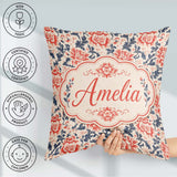 Custom Name Classic Red Floral Botanical Navy Blue on Background Square Filled Cushion Throw Pillow Sofa Bed Home Decor Zip Washable UK Made