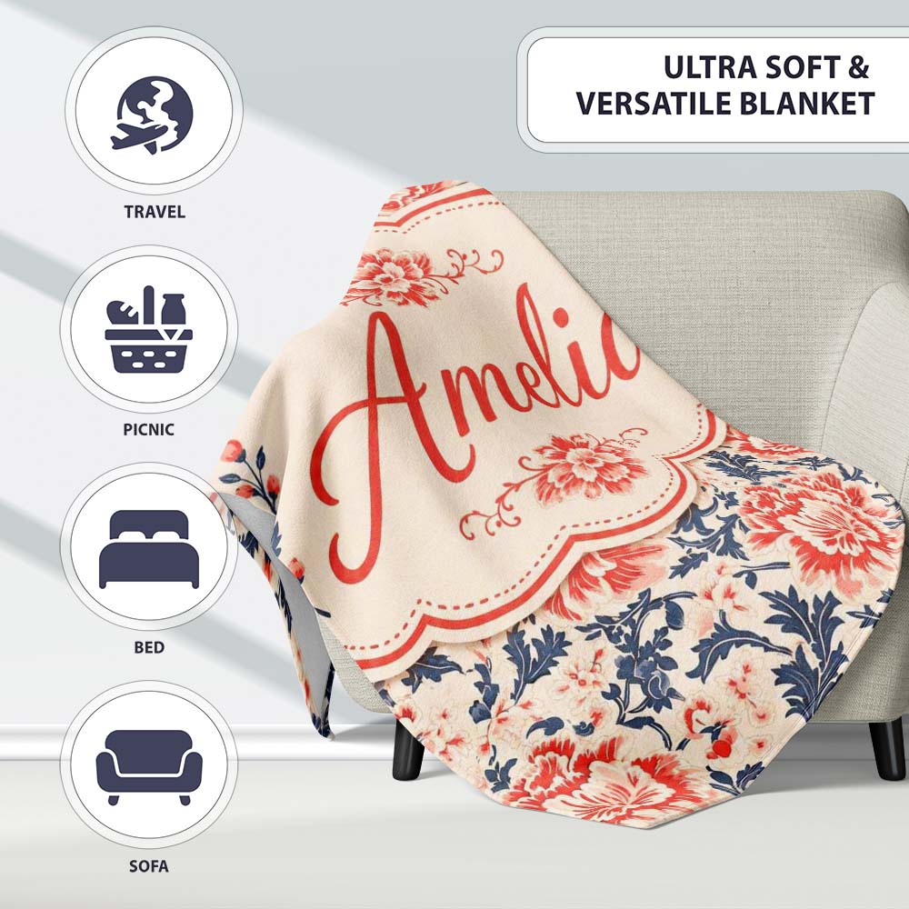 Classic Red Floral Botanical Navy Blue Leaves on Beige Background  Personalised Custom Name Super Soft Fleece Blanket Bed Sofa Throw