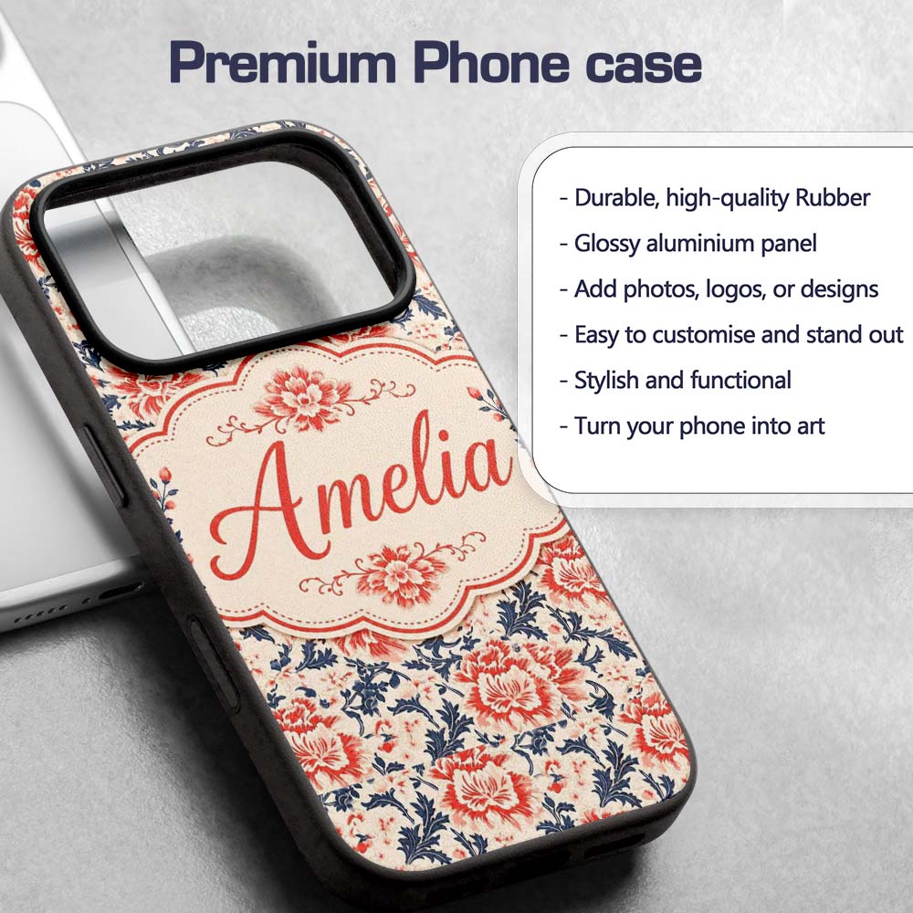 Classic Red Floral Botanical Navy Blue Leaves on Custom Name Protective Phone Case Mobile Cover Durable Everyday Smartphone Shock Resistant