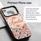 Classic Red Floral Botanical Navy Blue Leaves on Custom Name Protective Phone Case Mobile Cover Durable Everyday Smartphone Shock Resistant