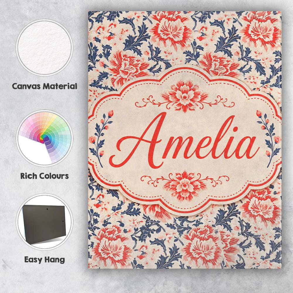 Personalised Name Classic Red Floral Custom Premium Decorative Design Modern Room Accent Canvas Wall Art Print Decor Picture Ready to Hang