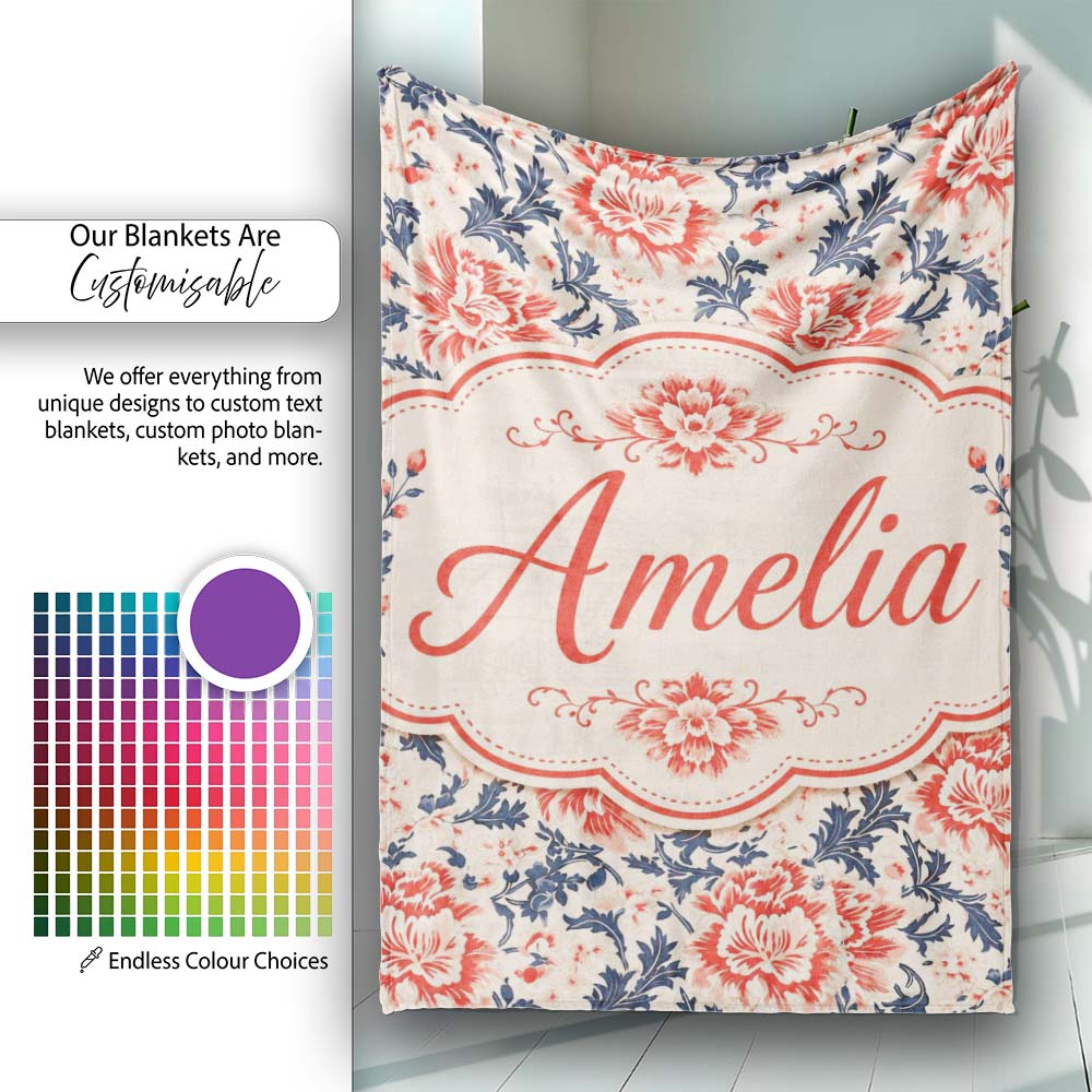 Classic Red Floral Botanical Navy Blue Leaves on Beige Background  Personalised Custom Name Super Soft Fleece Blanket Bed Sofa Throw