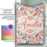 Classic Red Floral Botanical Navy Blue Leaves on Beige Background  Personalised Custom Name Super Soft Fleece Blanket Bed Sofa Throw