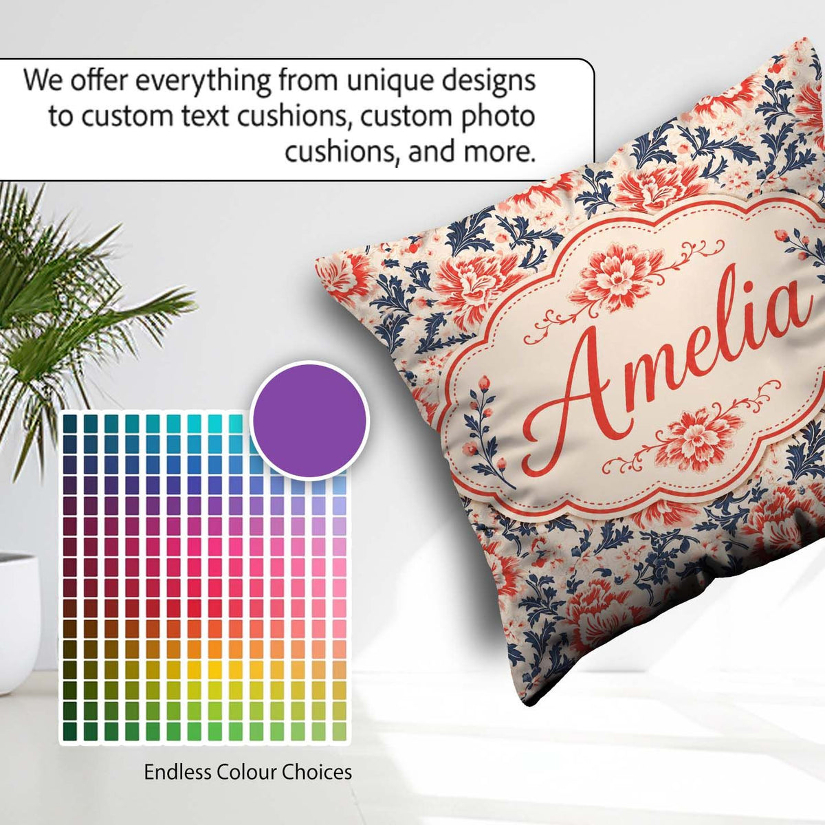 Custom Name Classic Red Floral Botanical Navy Blue on Background Square Filled Cushion Throw Pillow Sofa Bed Home Decor Zip Washable UK Made