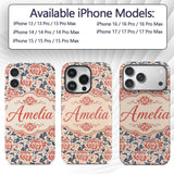 Classic Red Floral Botanical Navy Blue Leaves on Custom Name Protective Phone Case Mobile Cover Durable Everyday Smartphone Shock Resistant