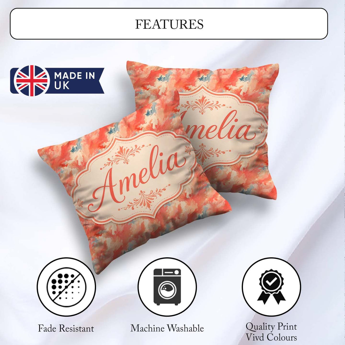 Custom Name Abstract Coral and Cream Fluid Art Pattern with Soft Square Filled Cushion Throw Pillow Sofa Bed Home Decor Zip Washable UK Made