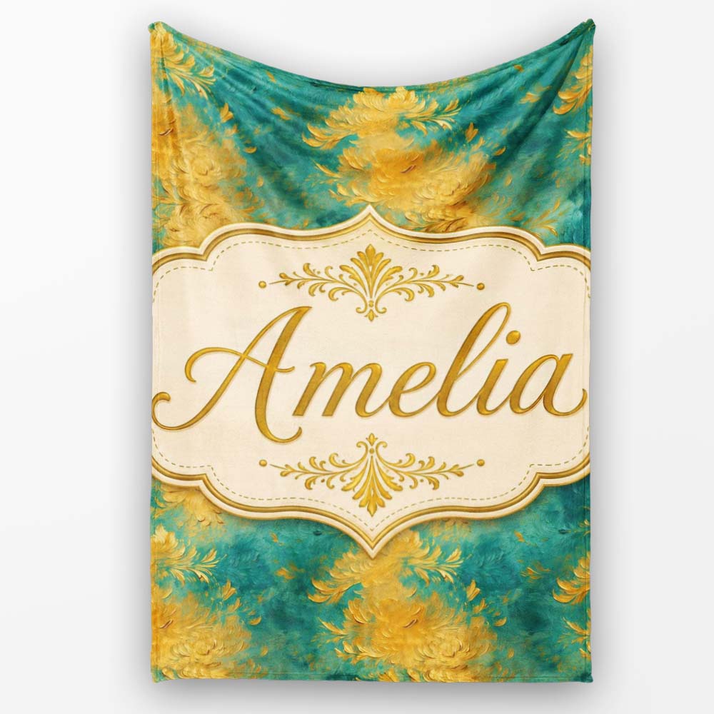 Teal and Gold Abstract Floral Swirl Seamless Pattern with Painterly  Personalised Custom Name Super Soft Fleece Blanket Bed Sofa Throw