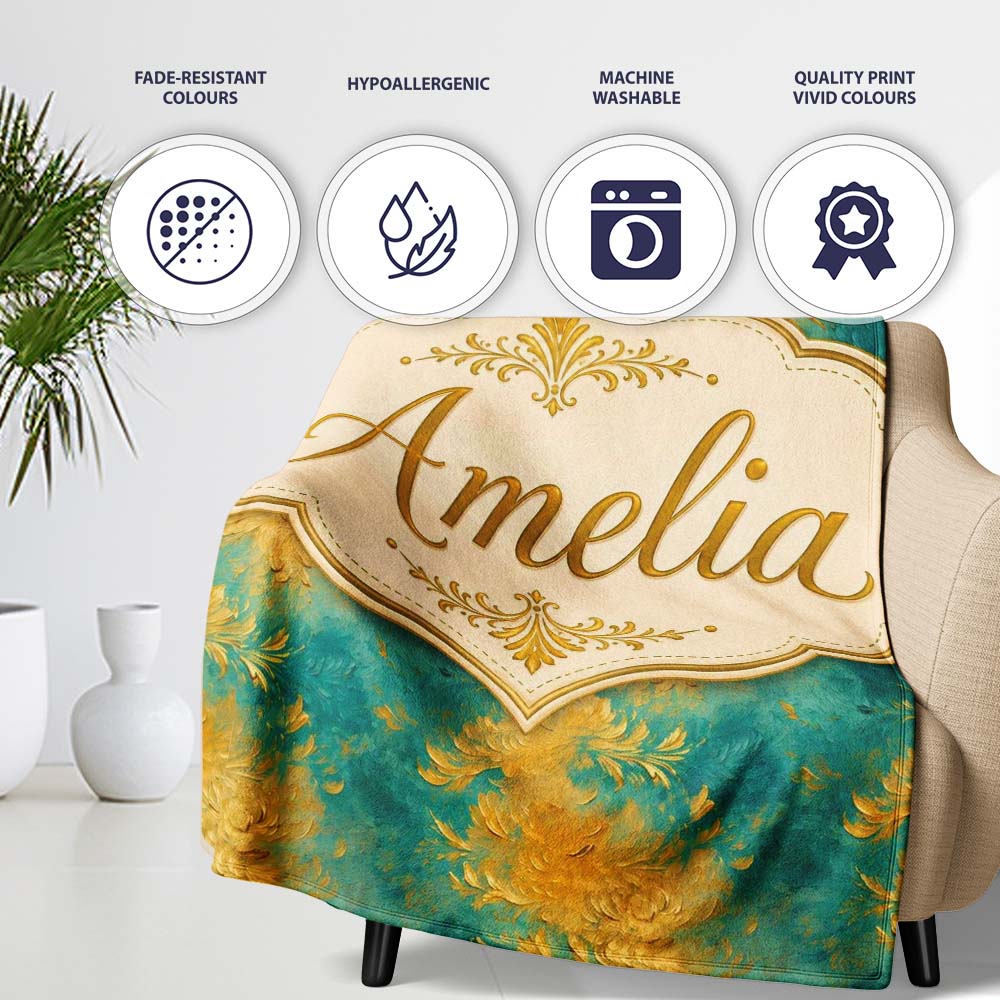 Teal and Gold Abstract Floral Swirl Seamless Pattern with Painterly  Personalised Custom Name Super Soft Fleece Blanket Bed Sofa Throw