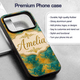 Teal and Gold Abstract Floral Swirl Seamless Custom Name Protective Phone Case Mobile Cover Durable Everyday Smartphone Shock Resistant