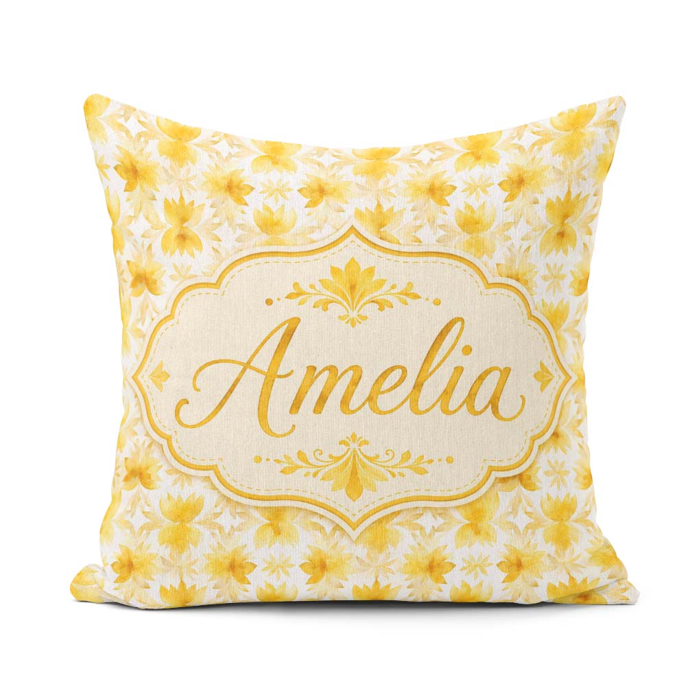 Custom Name Soft Watercolour Yellow Floral Repeat on Light Cream Square Filled Cushion Throw Pillow Sofa Bed Home Decor Zip Washable UK Made