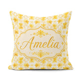 Custom Name Soft Watercolour Yellow Floral Repeat on Light Cream Square Filled Cushion Throw Pillow Sofa Bed Home Decor Zip Washable UK Made