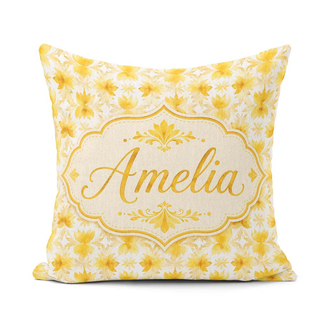 Custom Name Soft Watercolour Yellow Floral Repeat on Light Cream Square Filled Cushion Throw Pillow Sofa Bed Home Decor Zip Washable UK Made