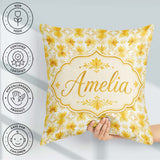 Custom Name Soft Watercolour Yellow Floral Repeat on Light Cream Square Filled Cushion Throw Pillow Sofa Bed Home Decor Zip Washable UK Made