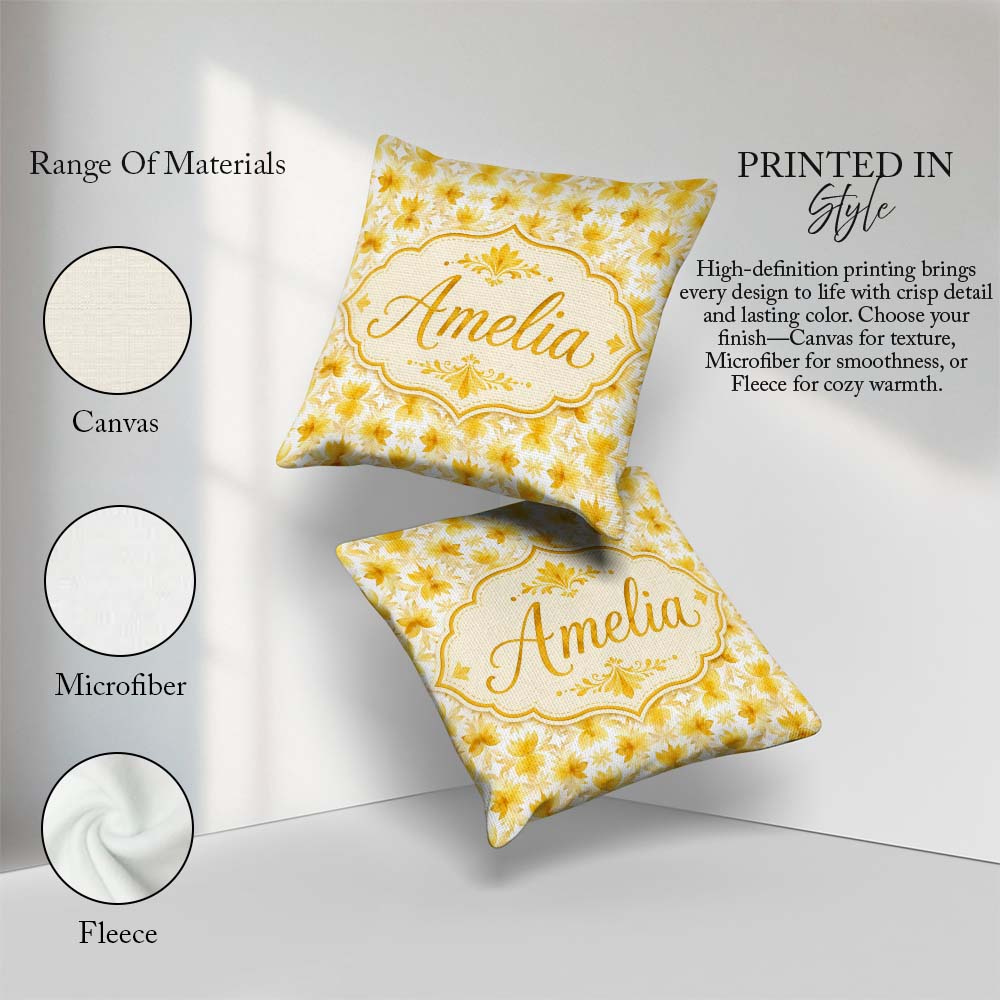 Custom Name Soft Watercolour Yellow Floral Repeat on Light Cream Square Filled Cushion Throw Pillow Sofa Bed Home Decor Zip Washable UK Made