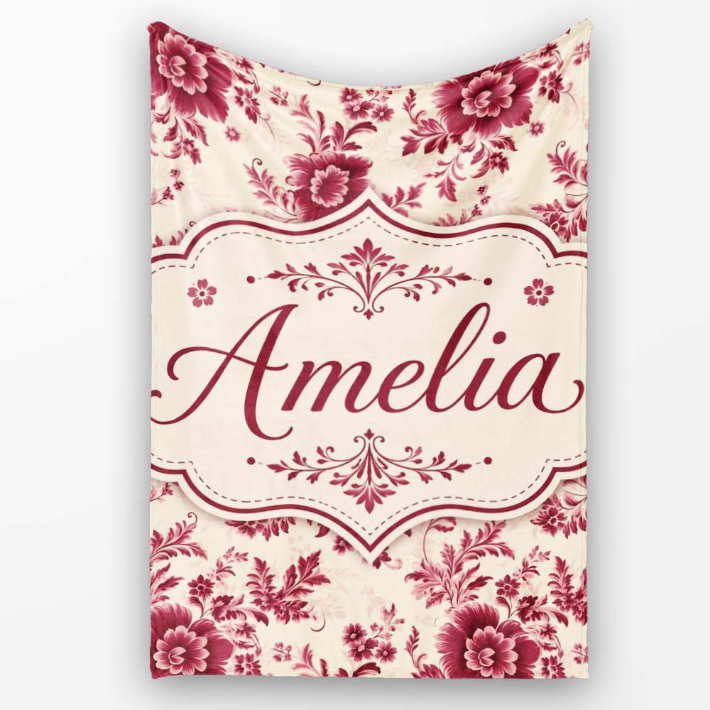 Vintage Burgundy Floral Bouquet Seamless Pattern on Soft Beige  Personalised Custom Name Super Soft Fleece Blanket Bed Sofa Throw