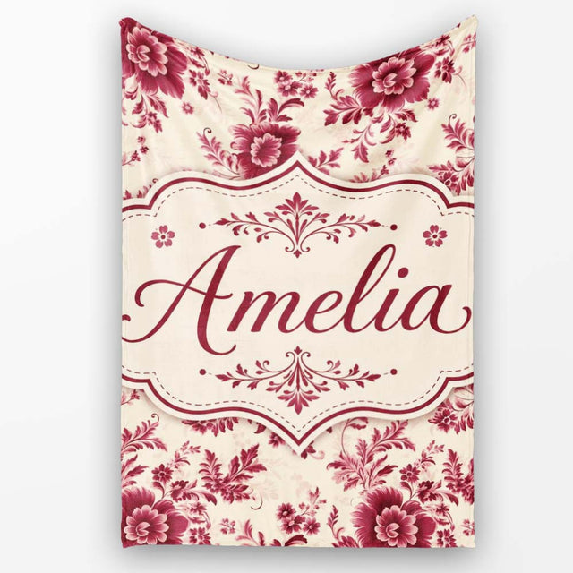 Vintage Burgundy Floral Bouquet Seamless Pattern on Soft Beige  Personalised Custom Name Super Soft Fleece Blanket Bed Sofa Throw