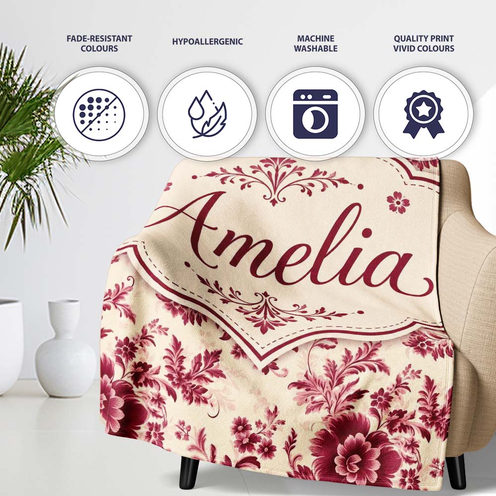 Vintage Burgundy Floral Bouquet Seamless Pattern on Soft Beige  Personalised Custom Name Super Soft Fleece Blanket Bed Sofa Throw
