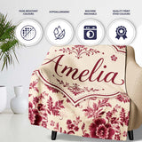 Vintage Burgundy Floral Bouquet Seamless Pattern on Soft Beige  Personalised Custom Name Super Soft Fleece Blanket Bed Sofa Throw