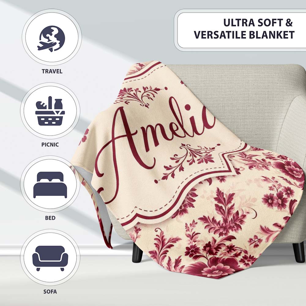 Vintage Burgundy Floral Bouquet Seamless Pattern on Soft Beige  Personalised Custom Name Super Soft Fleece Blanket Bed Sofa Throw