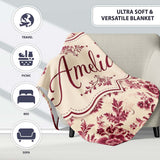 Vintage Burgundy Floral Bouquet Seamless Pattern on Soft Beige  Personalised Custom Name Super Soft Fleece Blanket Bed Sofa Throw