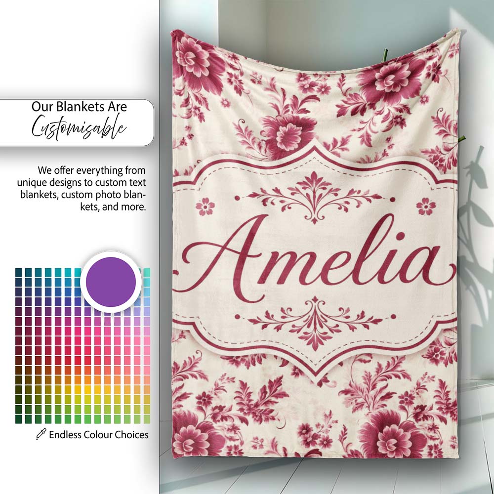Vintage Burgundy Floral Bouquet Seamless Pattern on Soft Beige  Personalised Custom Name Super Soft Fleece Blanket Bed Sofa Throw