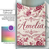 Vintage Burgundy Floral Bouquet Seamless Pattern on Soft Beige  Personalised Custom Name Super Soft Fleece Blanket Bed Sofa Throw