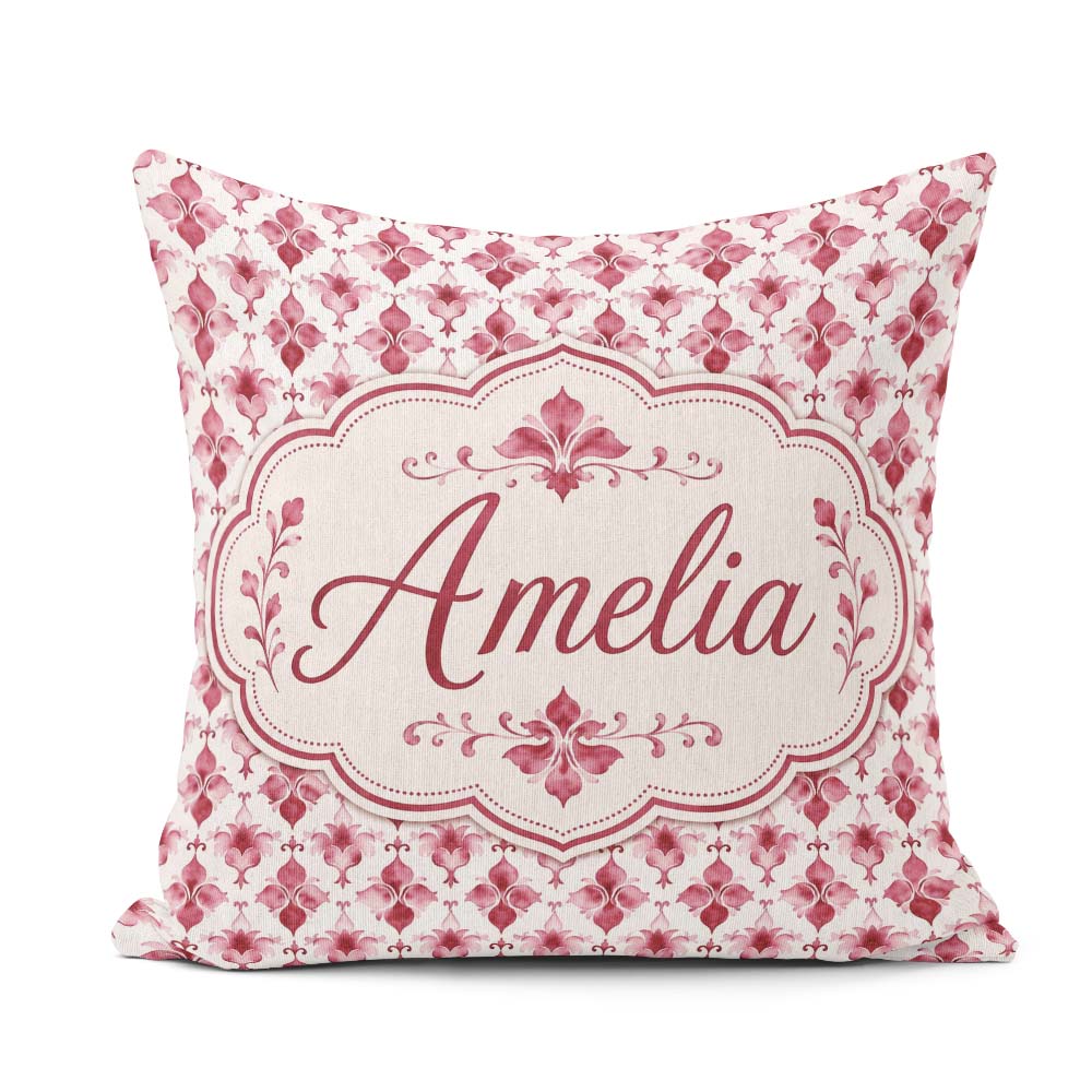Custom Name Watercolour Damask Motif on Light Background Elegant Square Filled Cushion Throw Pillow Sofa Bed Home Decor Zip Washable UK Made