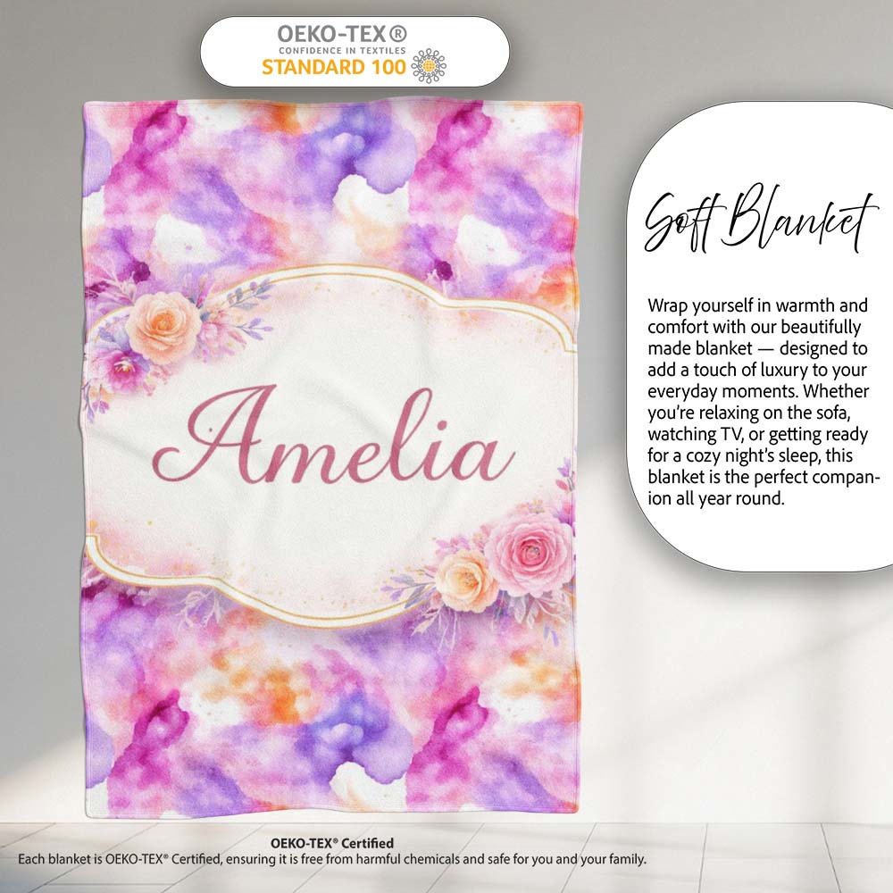 Soft Watercolour Splash Lavender Peach Abstract Pattern Lovely  Personalised Custom Name Super Soft Fleece Blanket Bed Sofa Throw