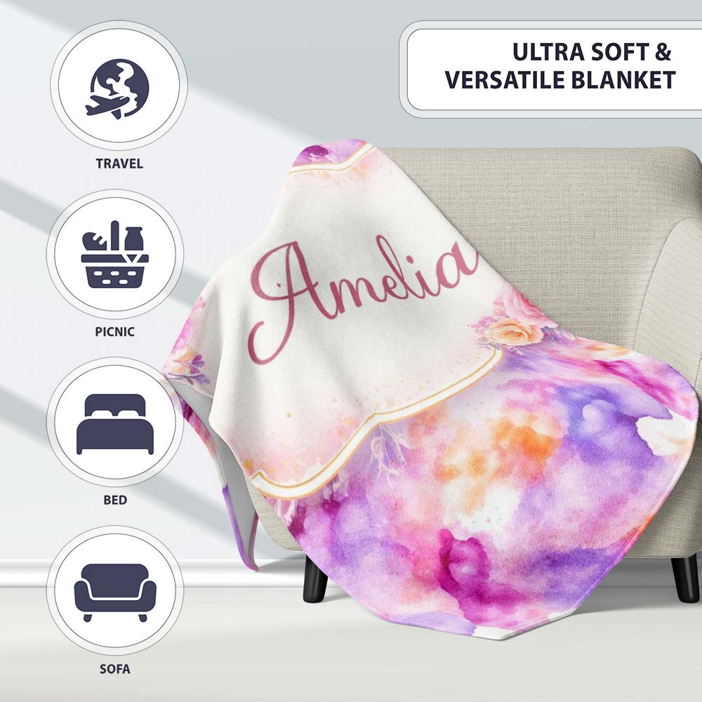 Soft Watercolour Splash Lavender Peach Abstract Pattern Lovely  Personalised Custom Name Super Soft Fleece Blanket Bed Sofa Throw